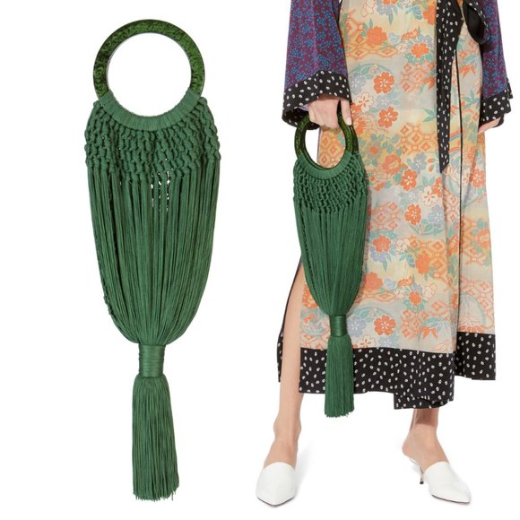 Cult Gaia Malachite Tassel Clutch Bag Acrylic Handle Crochet Macrame-style Green - Picture 1 of 9